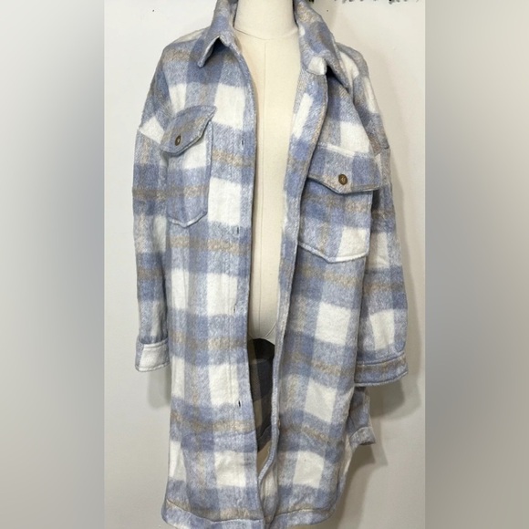Lulus Warmest Winter Blue Multi Plaid Jacket Shacket Large NWT Size Medium - Picture 10 of 13
